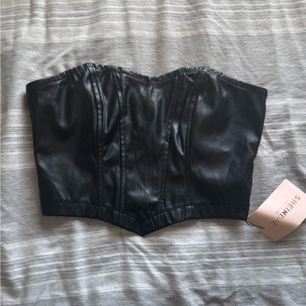 SHEIN Black Faux Leather Strapless Bustier Top
